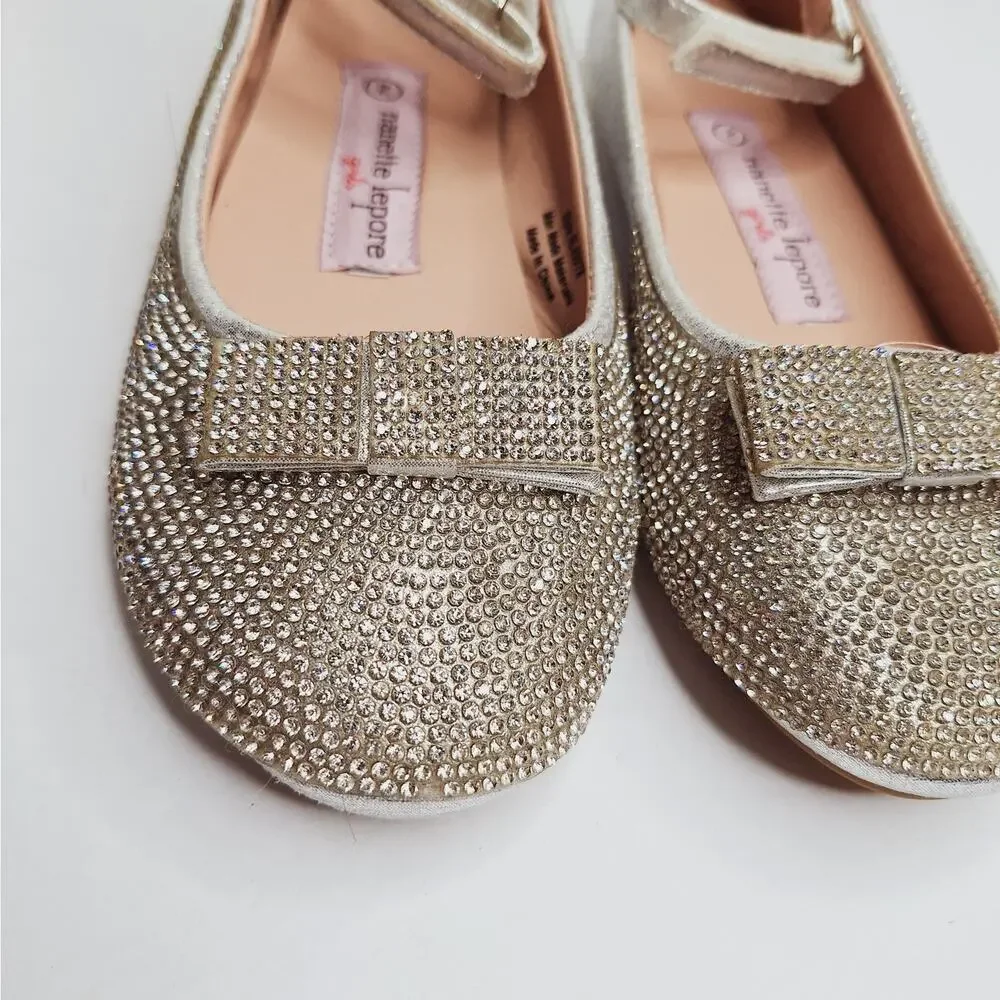 Nanette Lepore Girls Glitter Ballet Flats 2 Party Shoes Bling Rhinestone Bows